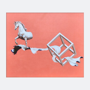 This painting is about what war leaves behind. The horse stands for power — royal, military, unquestioned force. But it is broken. Cut. Incomplete. Strength that once charged forward now hangs in fragments. Victory is never whole. The cube frame holds a twisted cloth — like time caught in structure. The fabric moves, but the frame doesn’t. Past and present are locked together. The cloth feels worn, pulled, dragged through something turbulent. I kept the composition minimal. No noise. Just forms, tension, and space. The rawness is in the break, in the twist, in what is missing. War always takes something, even from power.